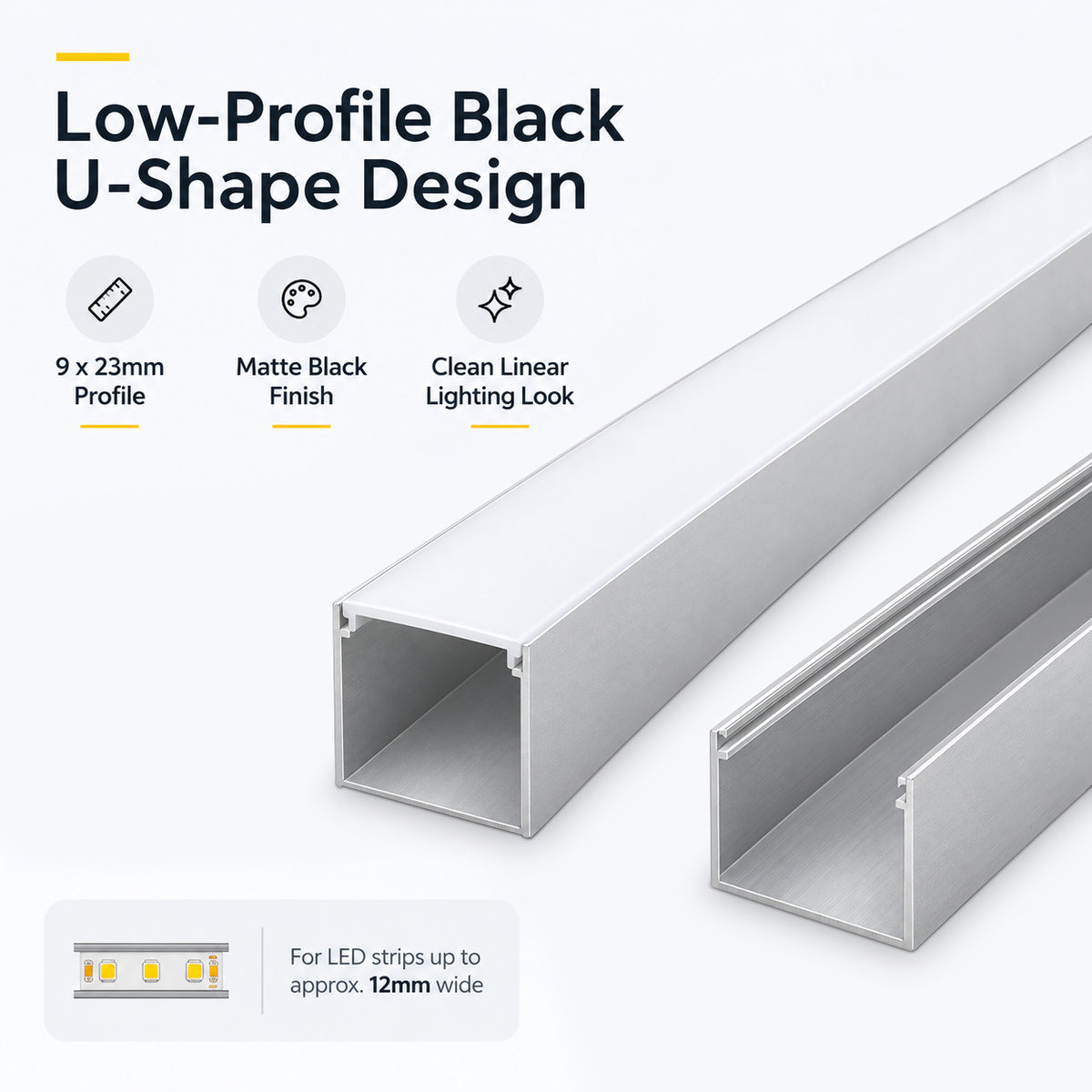 Sliver U06 24 x 24 mm, silberner U-förmiger LED-Aluminiumkanal, schwarzes Gehäuse, Innenbreite 20 mm, mit weißer Diffusor-Abdeckung, Endkappen und Befestigungsclips für die punktfreie Installation von LED-Lichtstreifen
