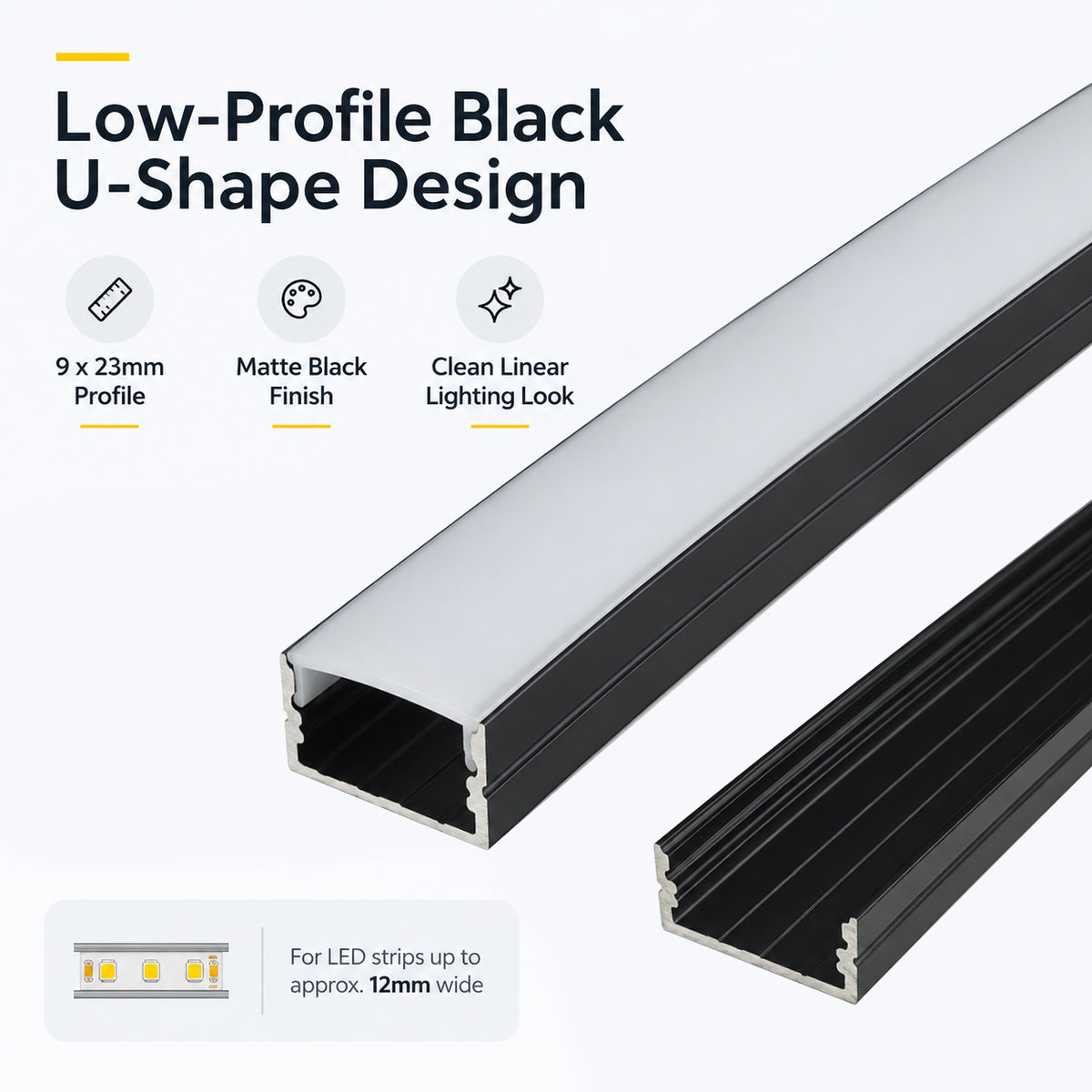 Schwarzes U04 10 x 23 mm U-förmiges Innenmaß 20 mm LED-Aluminium-Kanalsystem mit Abdeckung, Endkappen und Befestigungsklammern, Aluminium-Strangpressprofil für die Installation von LED-Lichtstreifen