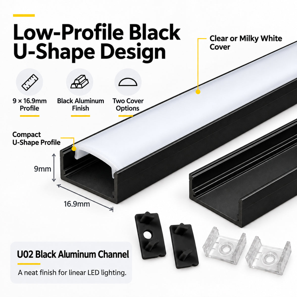 Silbernes U02 9 x 17 mm U-förmiges Innenprofil, Breite 12 mm, LED-Aluminium-Kanalsystem mit Abdeckung, Endkappen und Befestigungsclips für die Installation von LED-Lichtstreifen