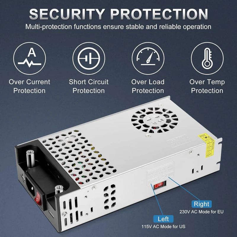 Upgrade DC 12V 360W–720W (30A–60A) Switching Power Supply, AC 110/240V Input Converter &amp; Transformer, Cooling Fan Design, LED Driver Adapter for Strip Lights, 3D Printer, Radio — US/UK/EU Plug Options, CE/FCC/RoHS Certified