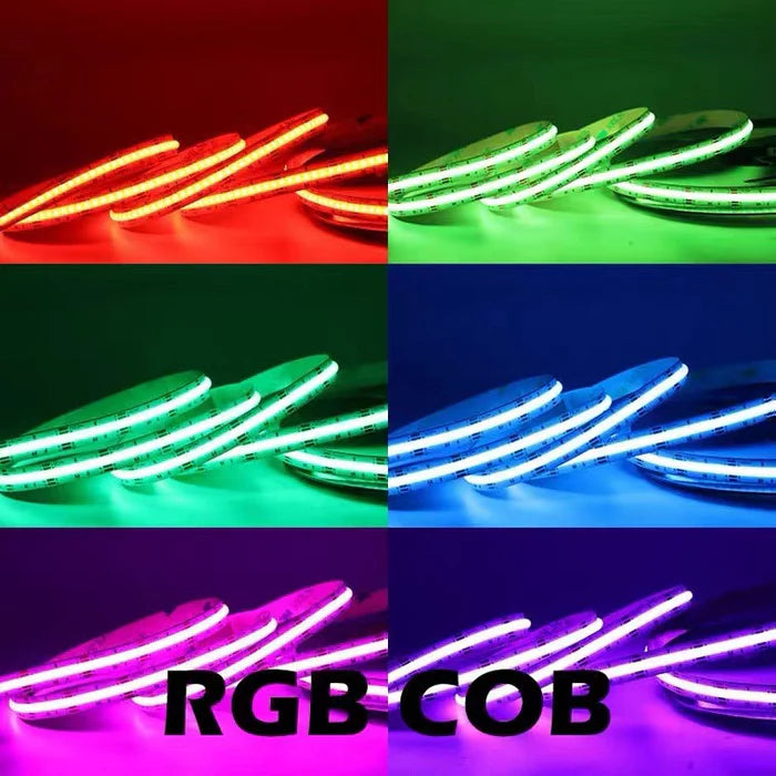 RGB COB LED Strip Light 12V/24V 576/840LEDs/M, 10mm Flexible Dot-Free LED Tape, Non-Waterproof, RGB Color Changing for Cabinet Kitchen & Office Lighting, 5M/10M Pack / Complete Kit