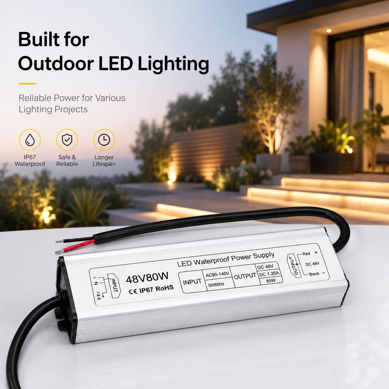 80W 12V/24V/36V/48V Waterproof LED Power Supply, 90-265V Input, Single Output, Aluminum Housing, Outdoor LED Lighting Driver, CE/RoHS/FCC Certified, US/UK/EU Plug