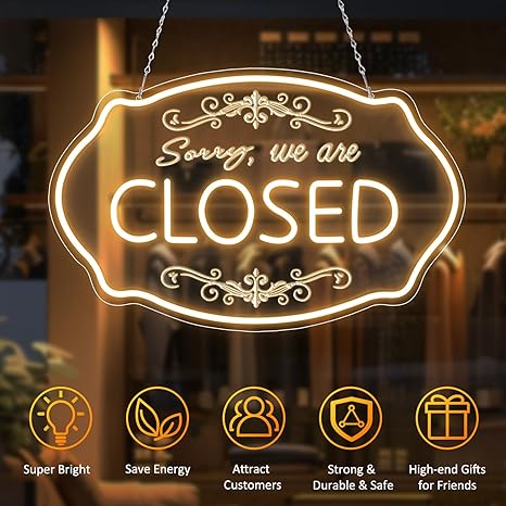 SORRY, WE ARE CLOSED LED Silicone LED shop signs – 16.5×9 Inch (42×23 cm) Horizontal Style | 5V USB Powered Warm White Dimmable Light for Storefront Window & Business Decor