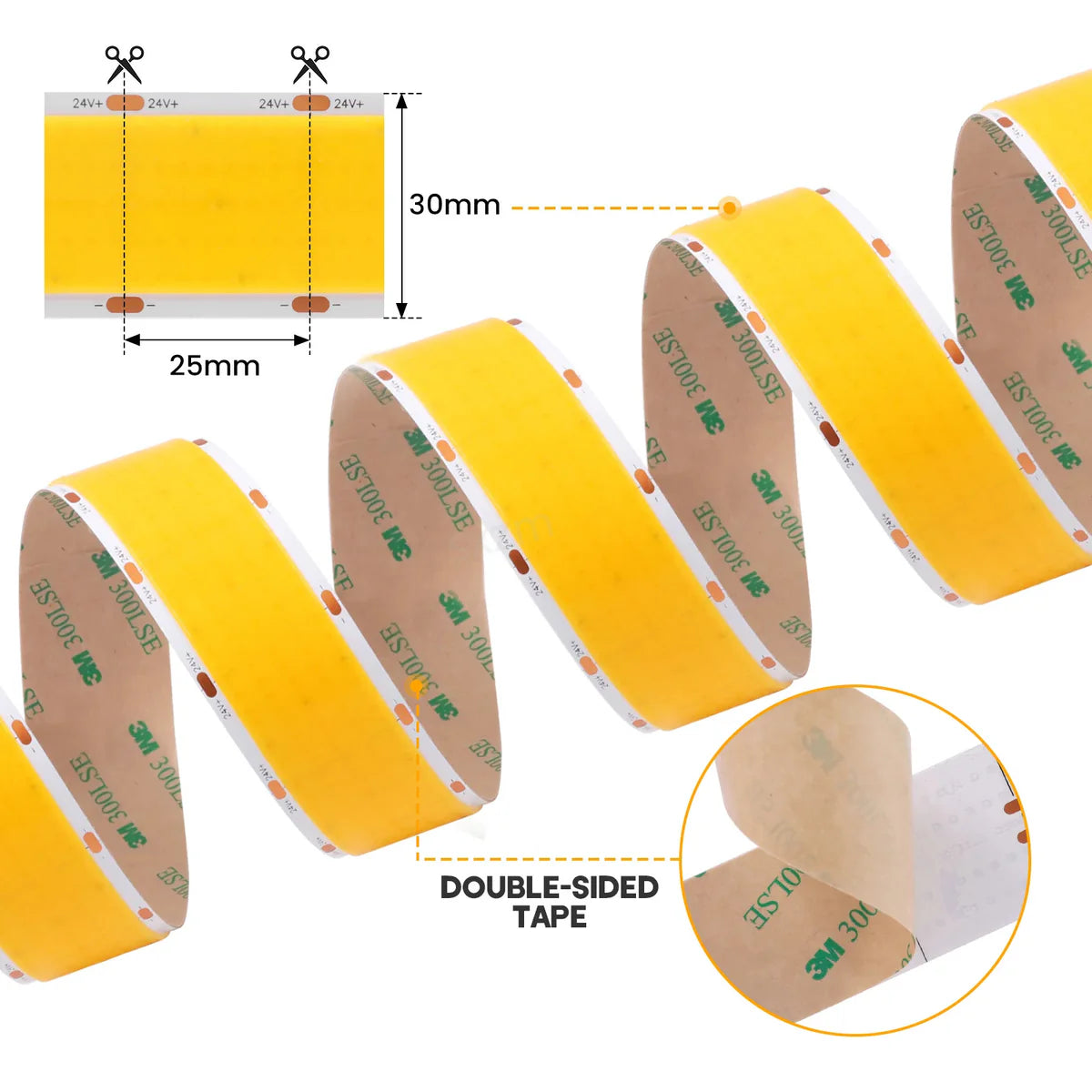 Five Row COB LED Strip Light 24V 1600LEDs/M, 30mm Flexible Dot-Free LED Tape, CRI90+ Non-Waterproof, 3000K / 4000K / 6500K for Cabinet Kitchen Lighting, 5M/10M Pack