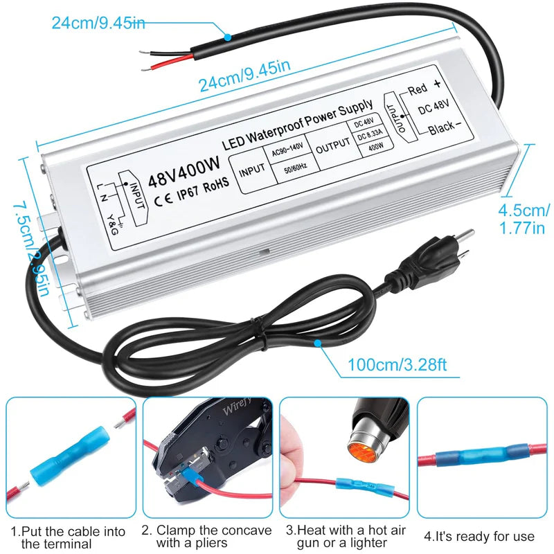 48V IP67 Waterproof LED Driver – 100W–400W Constant Voltage Power Supply, 90–140V AC Input, Single Output, CE/RoHS/FCC Certified, US Plug & Wire Lead Options