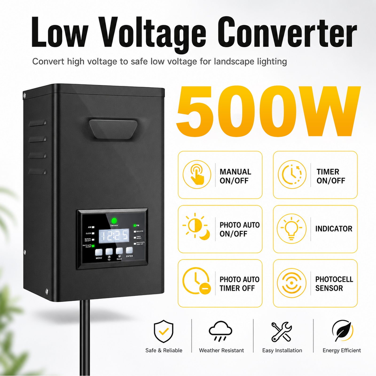 500W/600W Landscape Lighting Transformers – 120V to 12V/15V AC, Single Zone, Timer & Internal Photocell, Power Supply for Landscape Lighting Systems