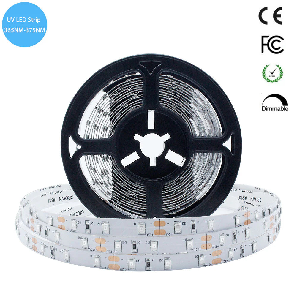 LightingWill 365–370nm SMD2835 UV LED Strip Light – 60/120/240 LEDs/m, 5M (16.4FT), DC12V, Non-Waterproof/IP67