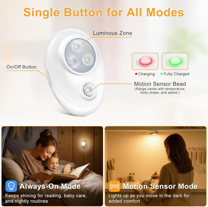 LightingWill Rechargeable Pebble LED Closet Light 4/6 Pack 3 LEDs, 3 Color Modes 3000K / 4000K / 6000K Motion Sensor Dimmable Cabinet Light, Tap Switch, White Finish, Magnetic Mounting