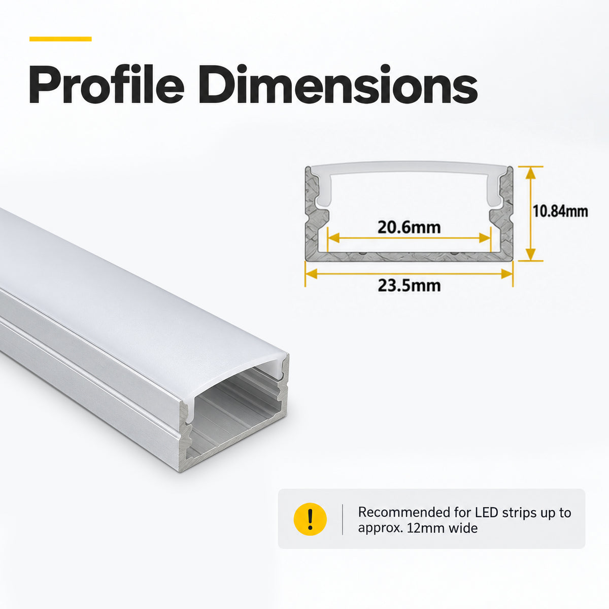 Silver U04 10x23mm U-Shape LED Aluminum Channel, 20mm Inner Width, with Cover, End Caps & Mounting Clips
