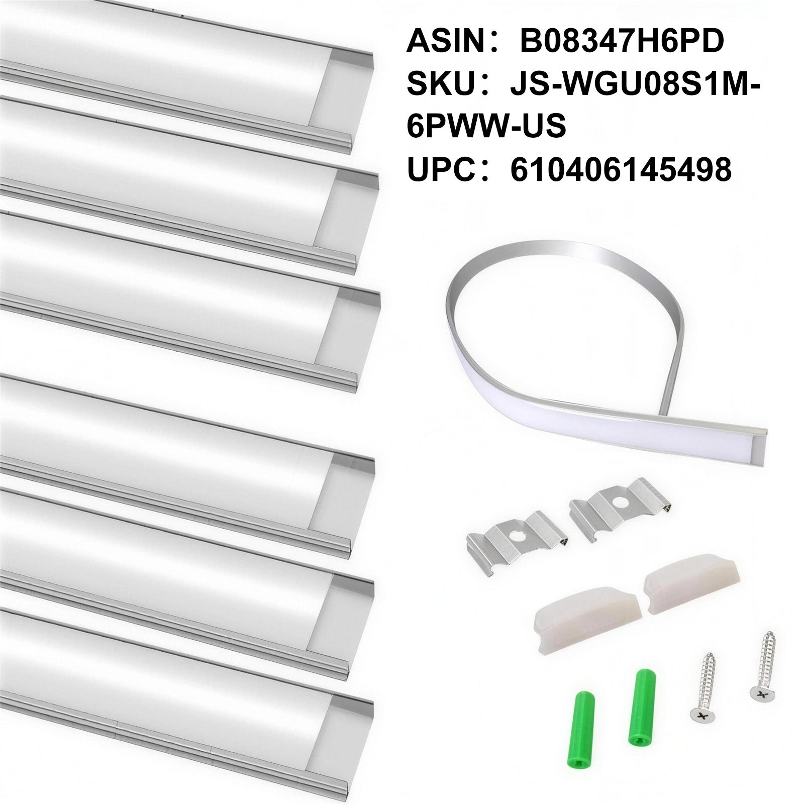 6 Pack Bendable LED Aluminum Channel System,Silver Color,U Shape, 3.3ft/1M, with Milk White Cover,Mounting Clips and End Caps, Aluminum Profile for LED Strip Light Installation