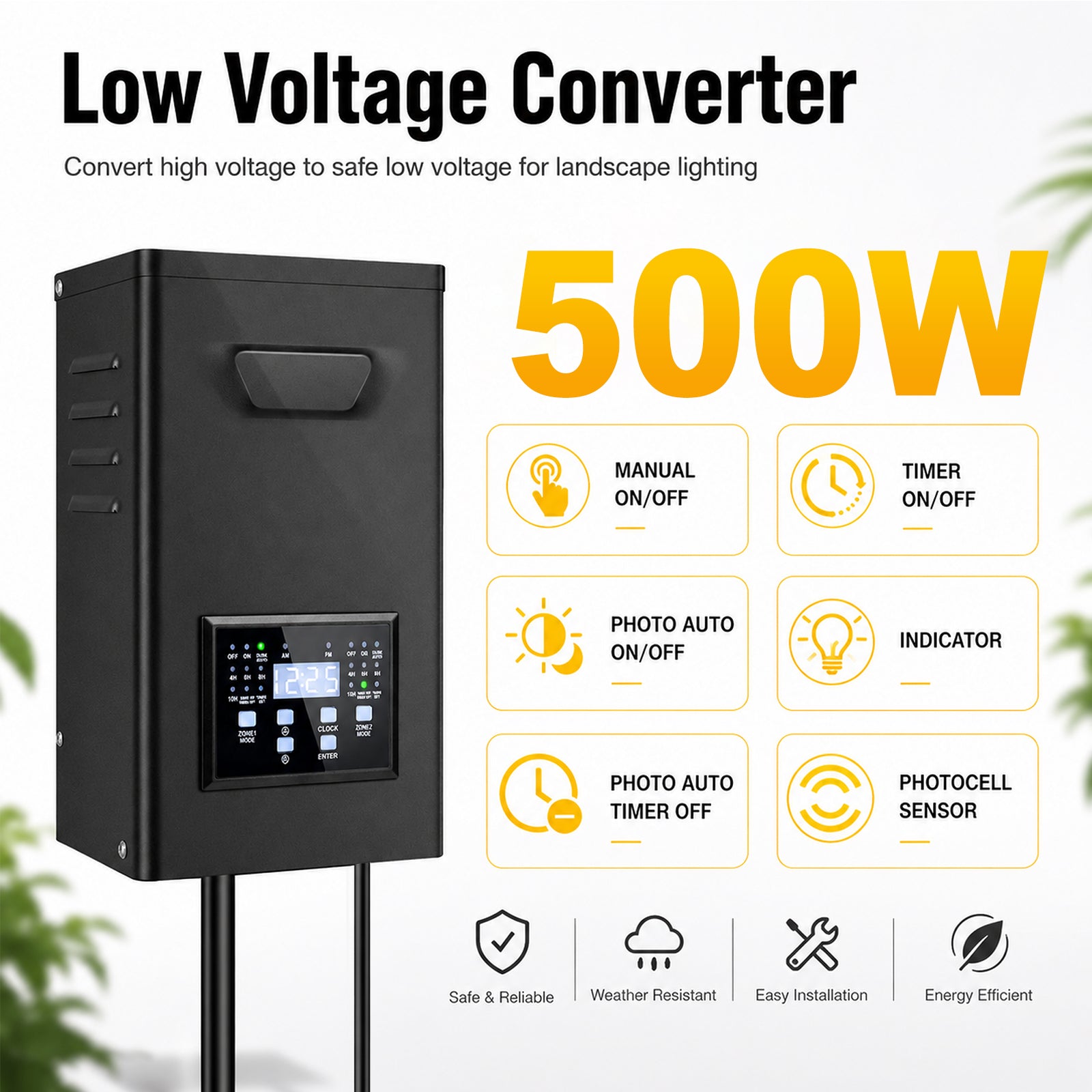 500W Landscape Lighting Transformers – 120V to 12V/15V AC, Dual Zone, Timer & External Photocell, Power Supply for Landscape Lighting Systems