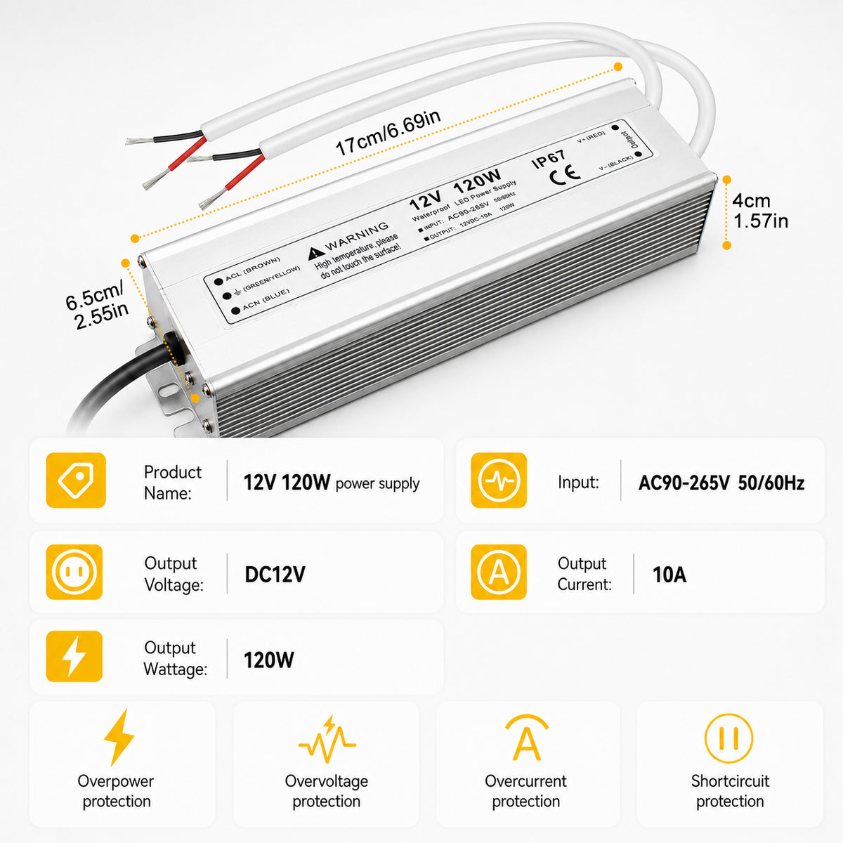 120W 12V/24V Waterproof LED Power Supply, 90-265V Input, Single/Dual Output, Aluminum Housing, Outdoor LED Lighting Driver, CE/RoHS/FCC Certified, US/UK/EU Plug