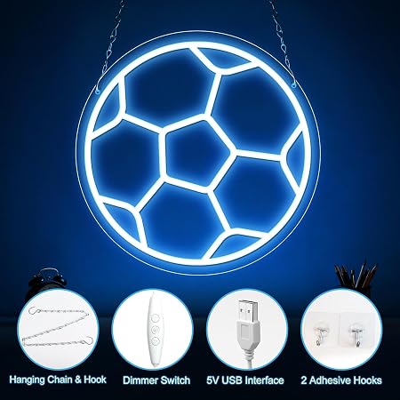 LED Neon Signs – Soccer Ball Silicone Neon Sign – 12×12 Inch | 5V USB Powered Dimmable Ice Blue Glow LED Wall Light | Neon Lamp with Accessories Included | Hanging Sports Decor for Bedroom, Game Room, Bar & Party Spaces