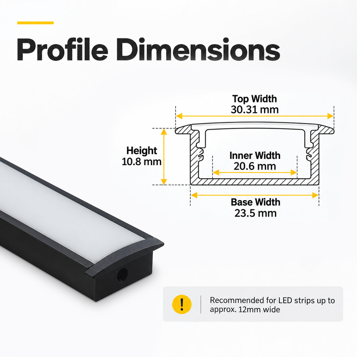 Black U03 10x30mm U-Shape LED Aluminum Channel, 20mm Inner Width, with Cover, End Caps & Mounting Clips