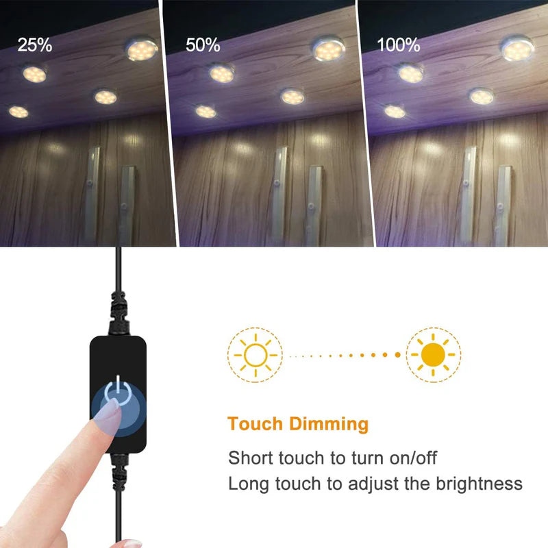 LightingWill LED Puck Cabinet Lights 3/6 Pack 12V Adapter, Touch Dimmable Under Cabinet Lights, Warm White / Daylight White, Silver Finish, Adhesive Mount for Kitchen and Cabinets, US / UK Plug