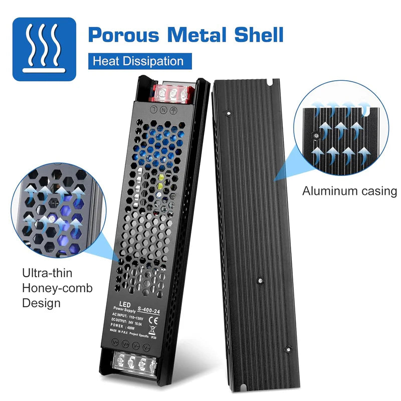 Slim Black DC 12V/24V 300W–400W Switching Power Supply, AC 110–130V/175–250V Input, LED Driver Transformer with Built-in Cooling Fan, CE/FCC/RoHS Certified