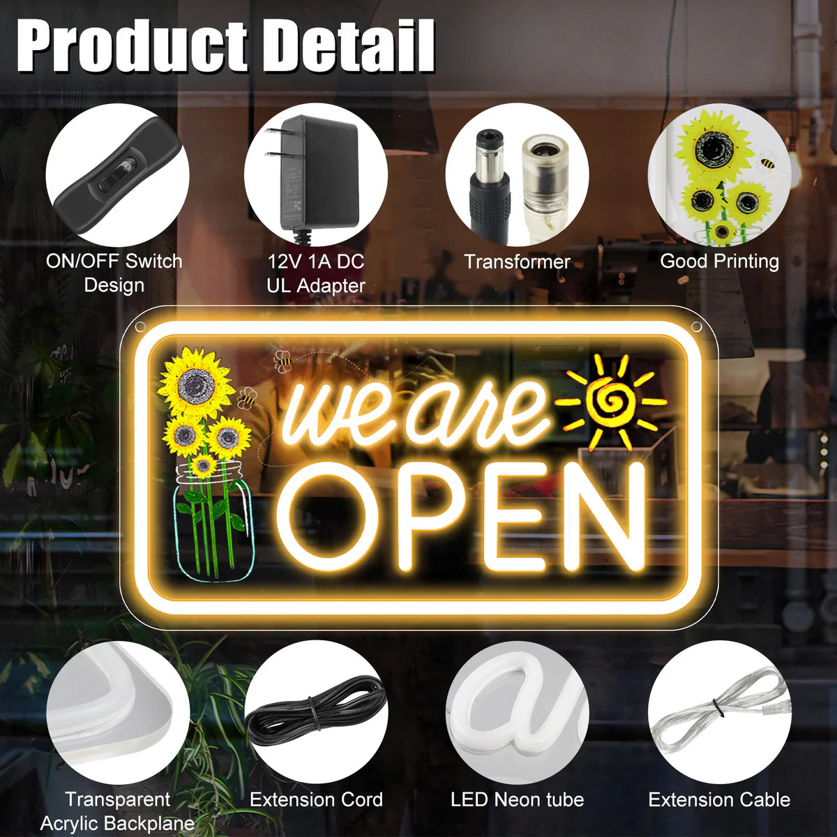 We Are Open Neon Sign with Sunflower Decor – USB Version | Warm White / Yellow & White | 17×9” / 24×13” | DC 5V LED Window Light for Business Decor