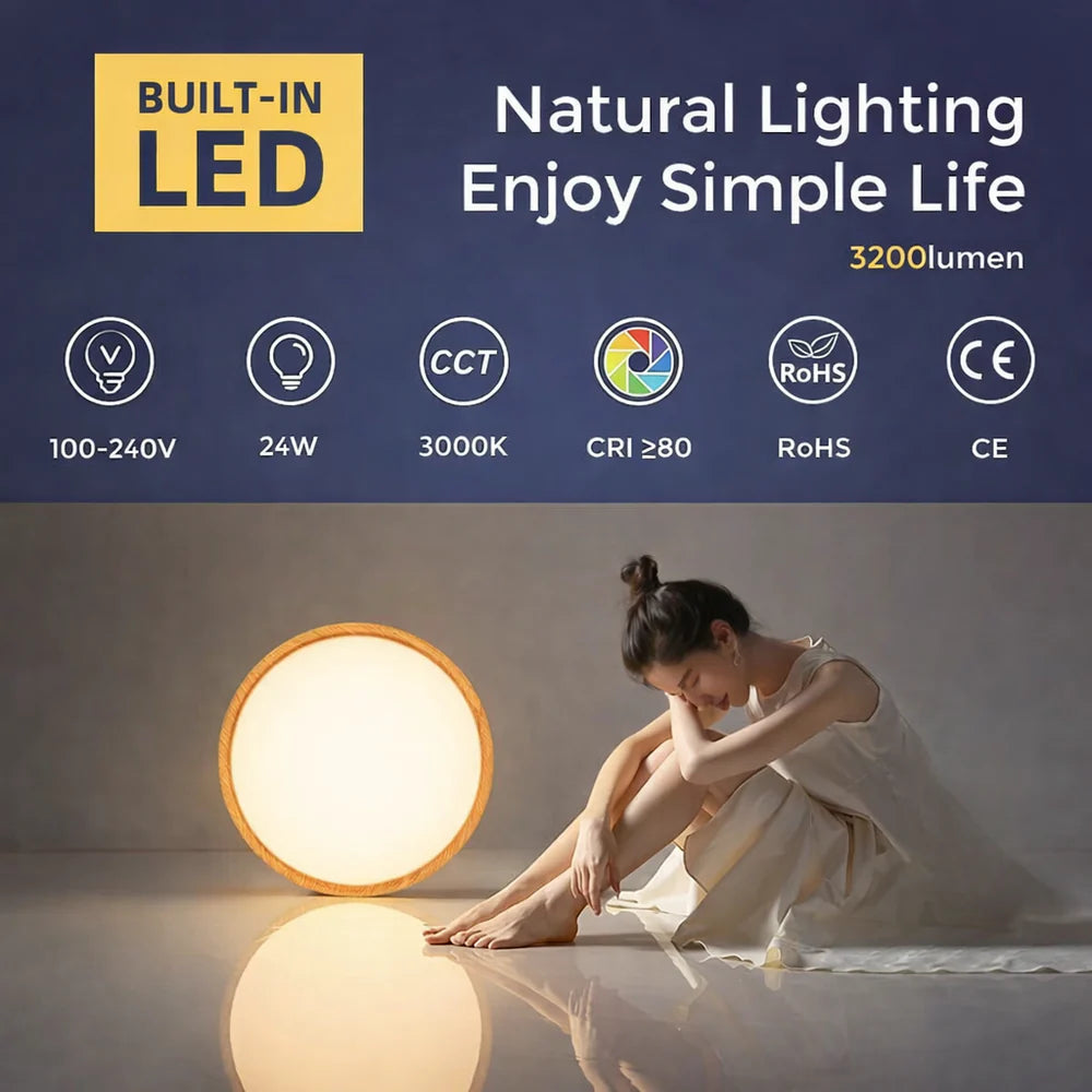 12 Inch 24W Wood Grain Round Ceiling Light – AC 220–240V | 3000K / 4500K / 5000K / 6500K | Flush Mount Ceiling Light for Warm Natural Lighting | 1-Pack – Local Stock (UK/DE)