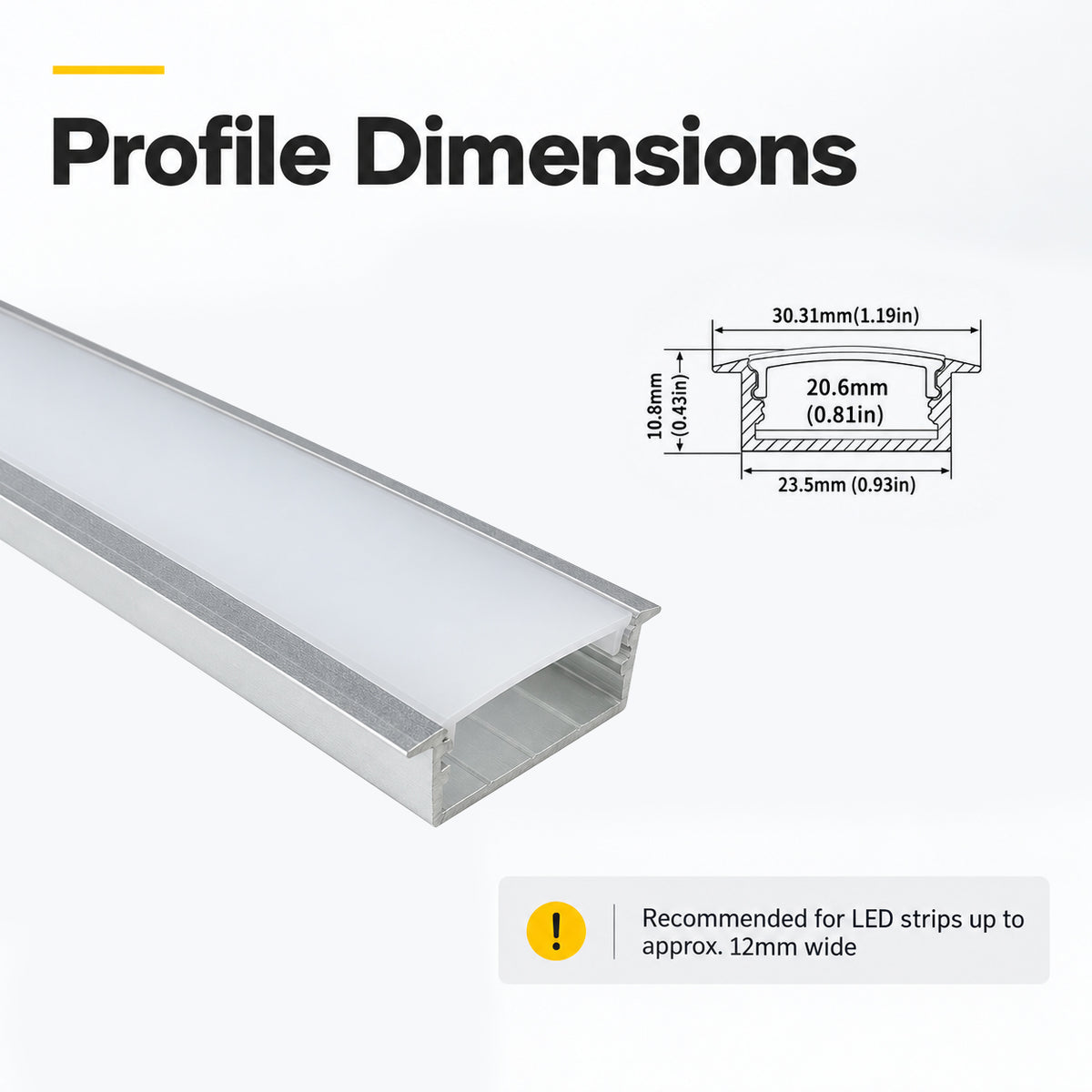 Silver U03 10x30mm U-Shape LED Aluminum Channel, 20mm Inner Width, with Cover, End Caps & Mounting Clips