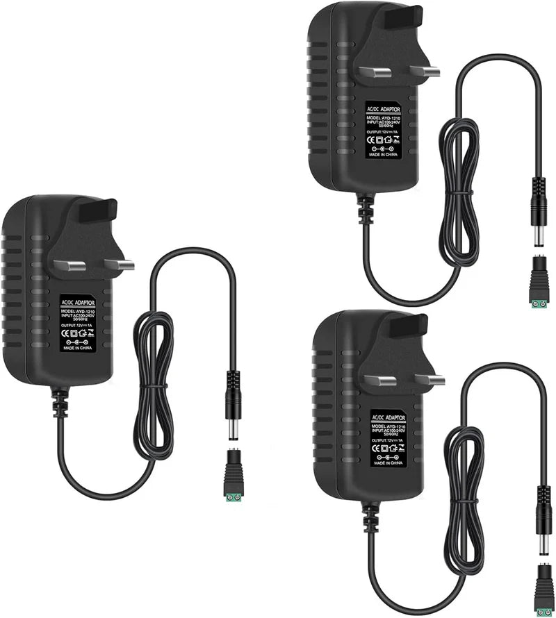 Power Supply Adapter DC 12V 12W–24W, AC 100–240V Wall Plug Transformer with US/UK Plug, Black Case LED Driver for LED Strip Lights, CCTV, Electronics