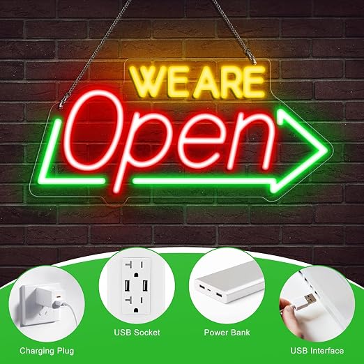 WE ARE OPEN Integrated LED shop signs – USB Powered | 16.1×7.8 inch | Arrow Shape LED Window Sign |  Yellow + Red + Green Glow for Cafes, Restaurants & Retail Shops