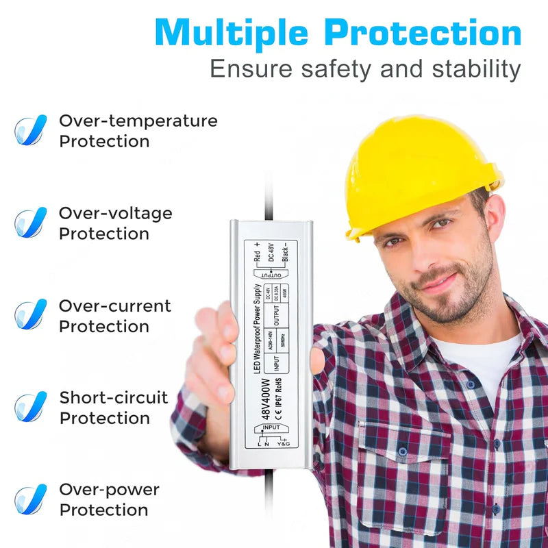 48V IP67 Waterproof LED Driver – 100W–400W Constant Voltage Power Supply, 90–140V AC Input, Single Output, CE/RoHS/FCC Certified, US Plug & Wire Lead Options