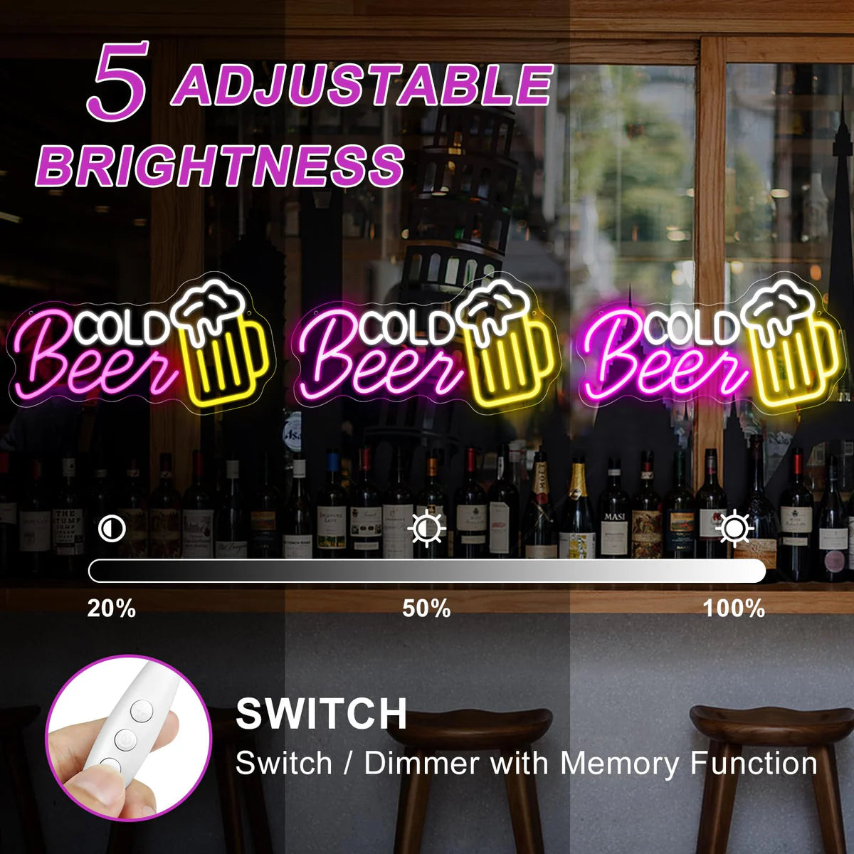 Cold Beer LED Sign – Multi-Color Glow | 16.5 × 8.8 inch | USB Powered | Hanging | Ideal for Bar, Pub, Lounge, Nightclub, Party Mood Lighting