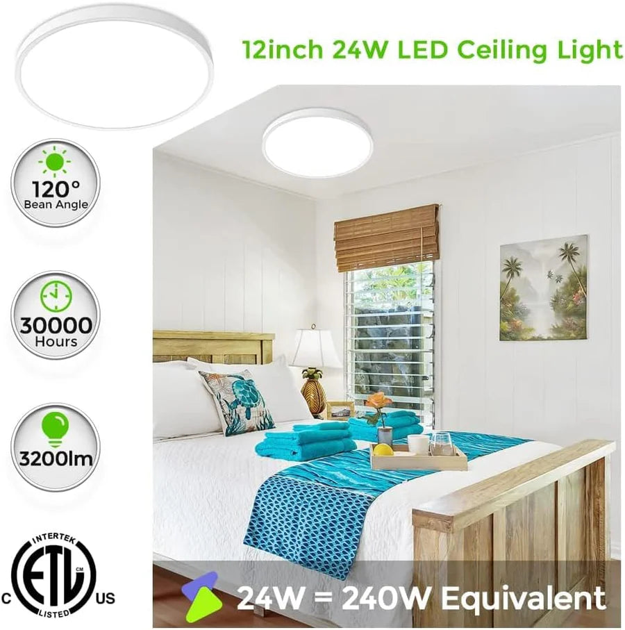 12 Inch Round 24W White LED Ceiling Light, 3000K / 4500K / 5000K / 6500K Flush Mount Ceiling Light Local Stock (US/UK/DE)