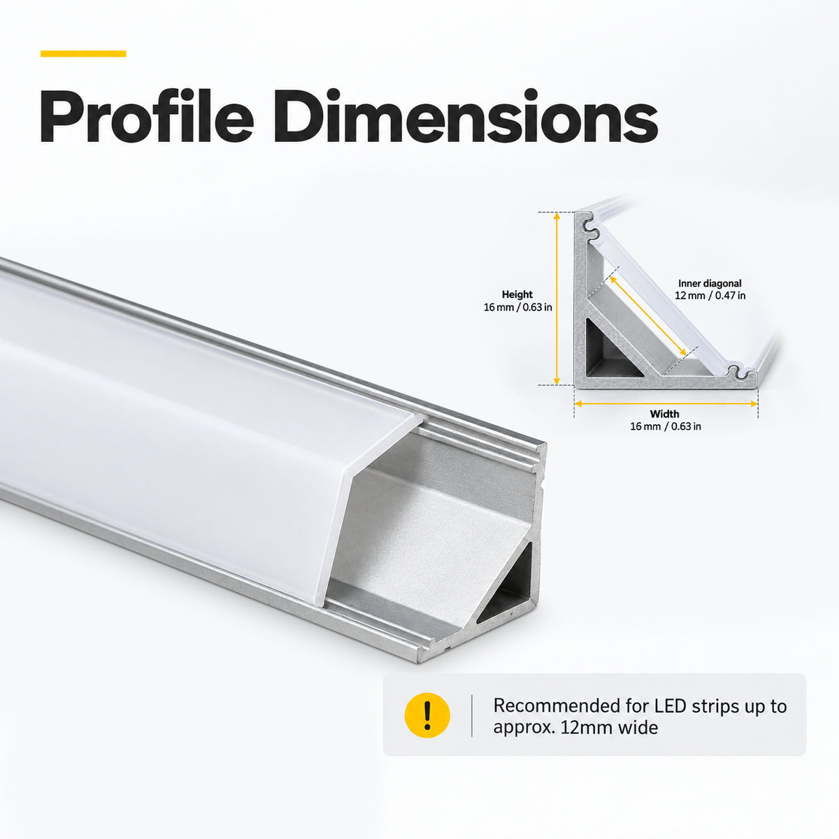 Silber V01 16x16mm V-förmige vertikale Winkelabdeckung Innenbreite 12mm Eckmontage LED-Aluminiumkanal mit Endkappen und Montageclips Aluminium-Extrusion