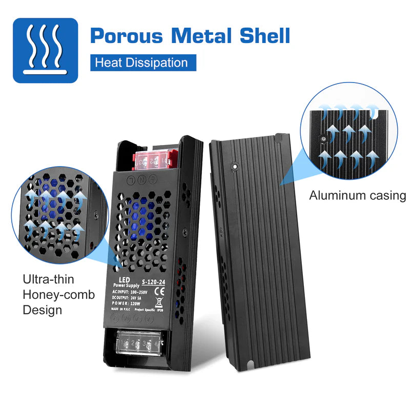 Slim Black DC 12V/24V 36W–200W Switching Power Supply, AC 110–250V Input, Narrow Type LED Transformer, Compact Metal Housing, CE/FCC/RoHS Certified