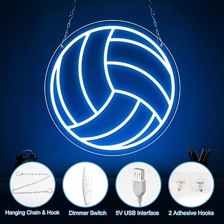 LED Neon Signs – Volleyball Silicone Neon Sign – 12×12 Inch | 5V USB Powered Dimmable Ice Blue Glow LED Wall Light | Neon Lamp with Accessories Included | Hanging Sports Decor for Bedroom, Game Room, Bar & Party Spaces