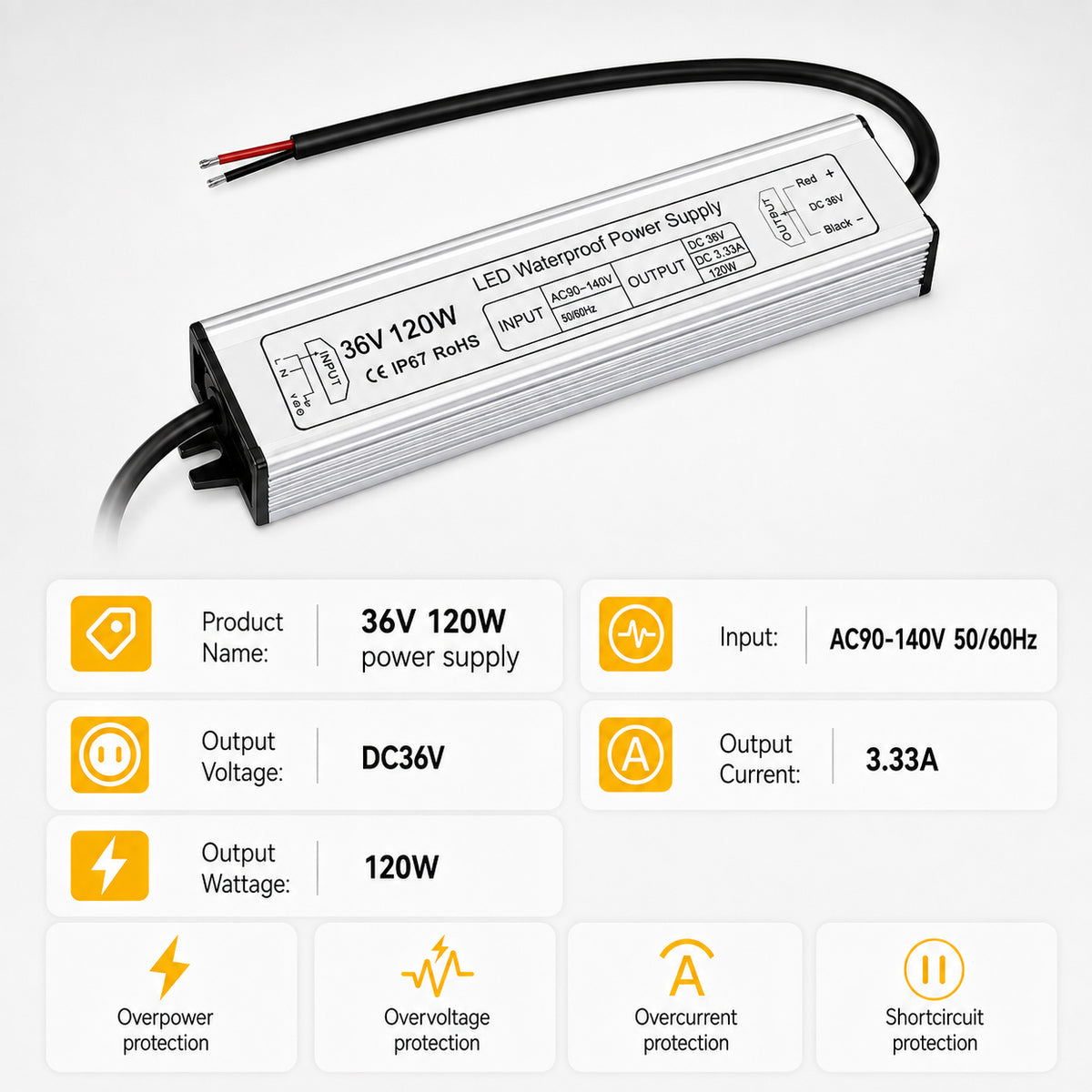 120W 36V/48V Waterproof LED Power Supply, 90-140V Input, Single Output, Aluminum Housing, Outdoor LED Lighting Driver, CE/RoHS/FCC Certified, US Plug