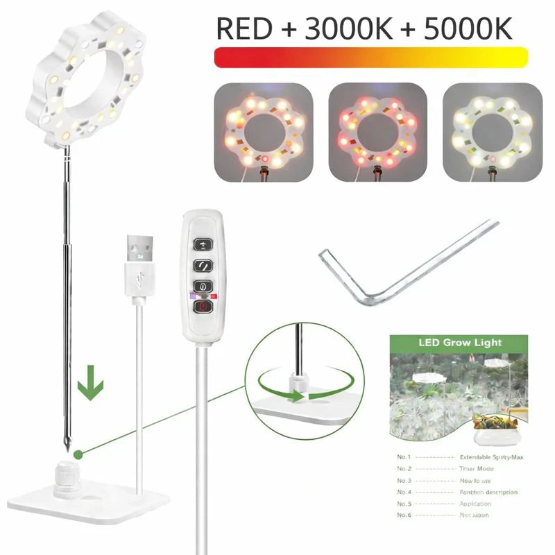 Potted Plants LED Grow Light - 5V | Full Spectrum | Auto On/Off Timer | Dimmable Brightness | Height Adjustable | Stake / Desk Base | Halo Plant Lamp for Indoor Plants Growing | USB Plug | 1 / 2 Pack