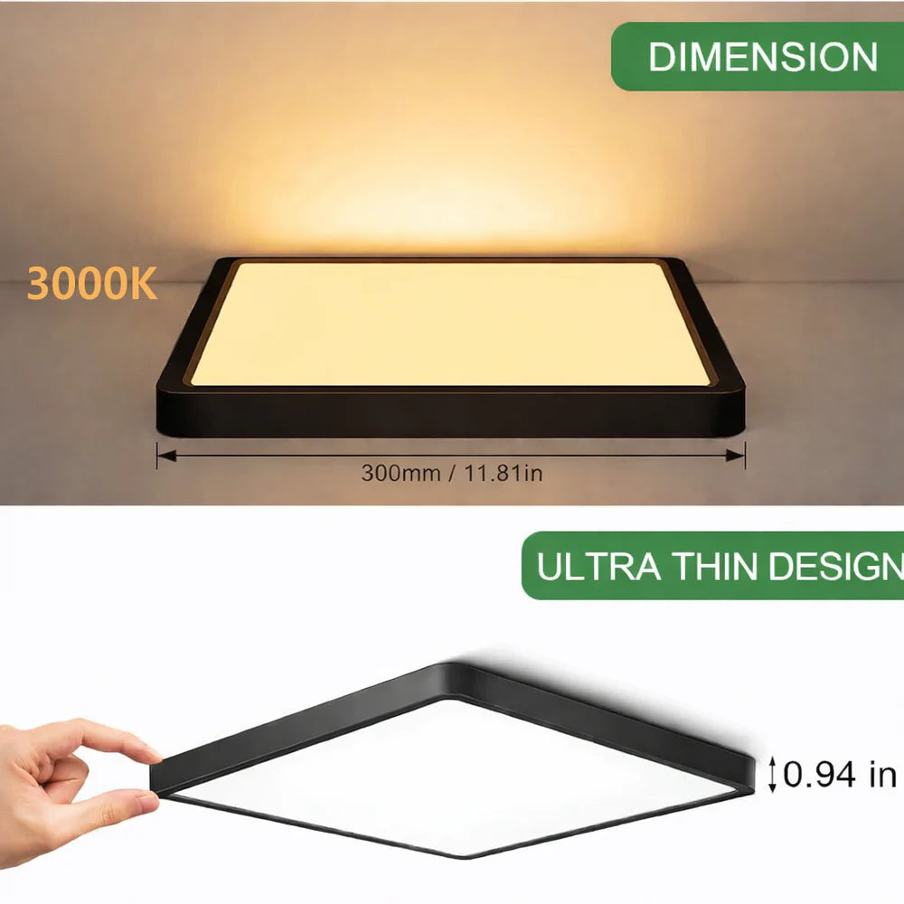 12 Inch 24W White /Black Square Ceiling Light – AC 110–130V | 3000K / 4500K / 5000K / 6500K | Flush Mount Ceiling Light for Modern Home Lighting | 1-Pack – Local Stock (US)