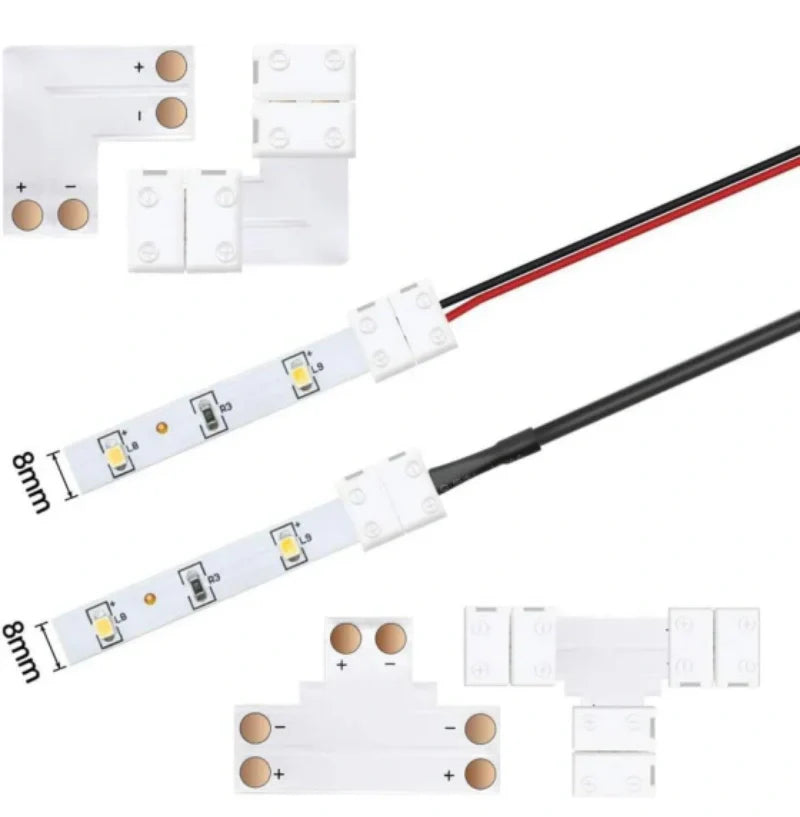 LightingWill 8mm 2Pin LED Strip Connector Transparent Solderless Clips, Crystal LED Light Strip Connector Strip to Wire Strip to Strip L Shape DC Adapter for 3528 2835 LED Strip, Local Stock US UK