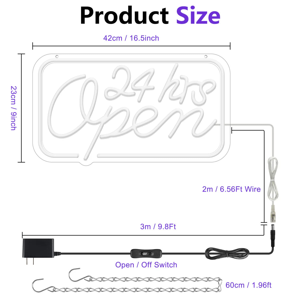 24hrs Open Neon Sign – 16×9 inch (40×23 cm) | Ice Blue, Yellow & Purple Glow | Window Hanging Light for 24 Hour Stores Plug & Play