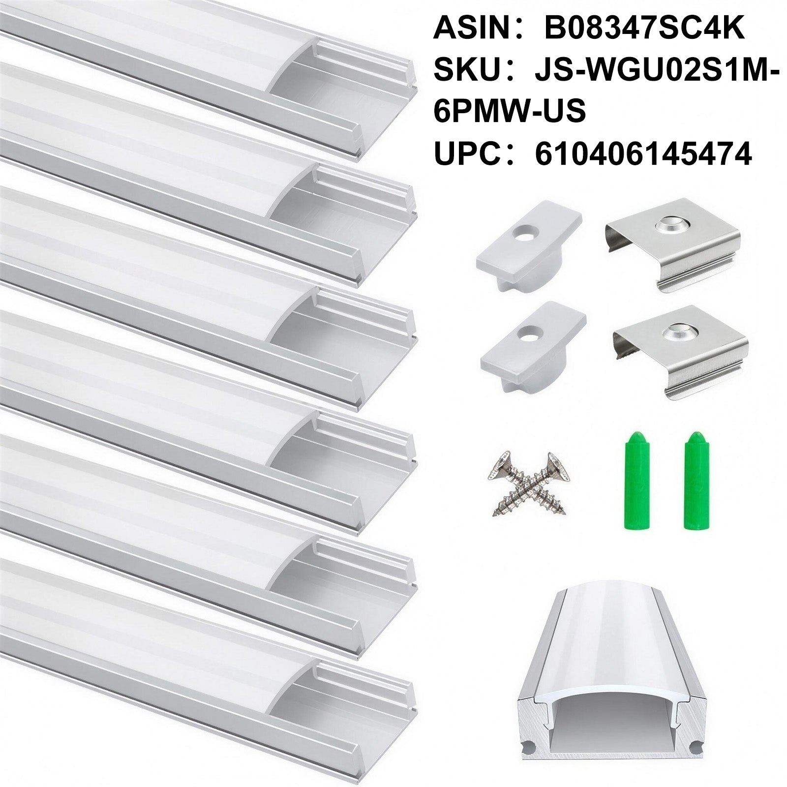 6-Pack LED Aluminum Profile, LED Aluminum Channel Silver U-Shape LED Diffuser with Milky White Cover, End Caps and Mounting Clips Aluminum Extrusion for LED Strip Lights U02