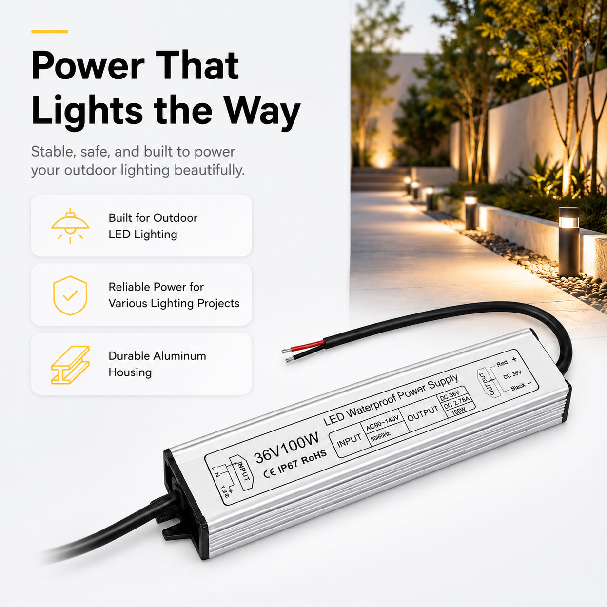 100W 36V/48V Waterproof LED Power Supply, 175-265V Input, Single Output, Aluminum Housing, Outdoor LED Lighting Driver, CE/RoHS/FCC Certified, US/UK/EU Plug