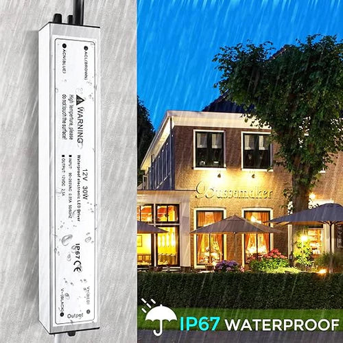 30W 12V/24V Waterproof LED Power Supply, 90-265V Input, Single Output, Aluminum Housing, Outdoor LED Lighting Driver, CE/RoHS/FCC Certified, US/UK/EU Plug