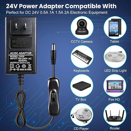 DC 24V Plug-in LED Adapter with On/Off Switch, 48W, US Plug, Black Housing, 100–240V AC Input - Power Supply for High Power LED Strip Lights and Decorative Lighting