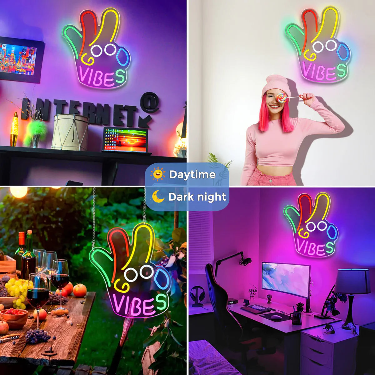 Good Vibes LED Sign – OK Hand Sign | USB Neon Light for Wall Decor | 17×13 inch | Hanging | Ideal for Bedroom, Dorm, Lounge, Party