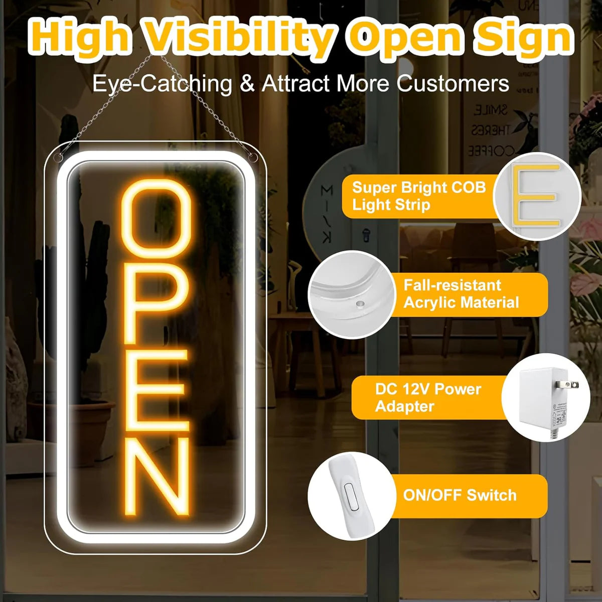 OPEN Neon LED Sign – 5 Glow Color Options | Vertical Rectangular | 16×9 / 23×12 inch | Window Hanging | Plug & Play for Storefronts