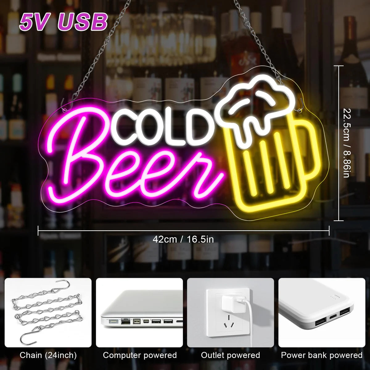 Cold Beer LED Sign – Multi-Color Glow | 16.5 × 8.8 inch | USB Powered | Hanging | Ideal for Bar, Pub, Lounge, Nightclub, Party Mood Lighting