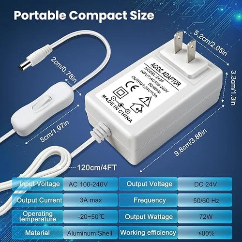 DC 24V Plug-in LED Adapter with On/Off Switch, 72W, US Plug, White Housing, 100–240V AC Input - Power Supply for High Power LED Strip Lights and Home Lighting