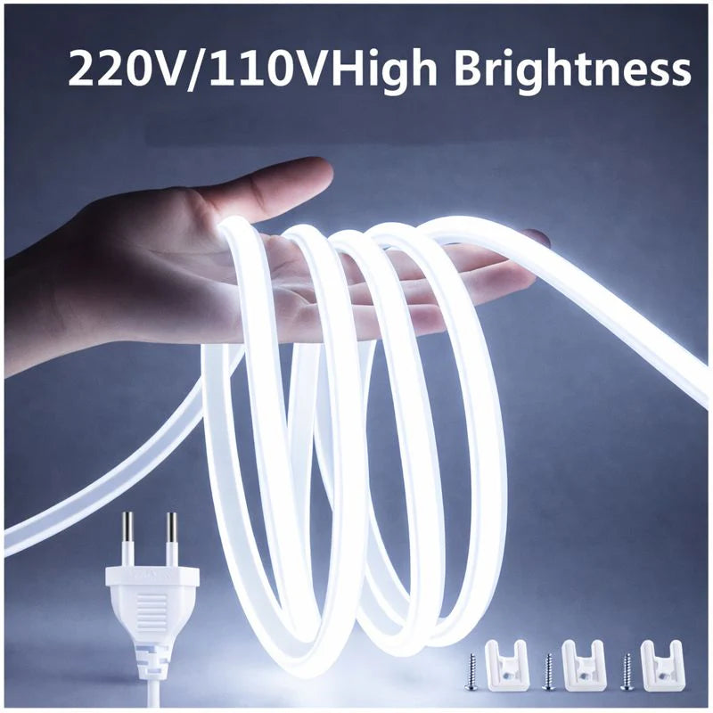 LightingWill AC110V/220V COB Flexible LED Strip Light 3000K/6500K, IP65 Waterproof High Brightness Spotless LED Tape with Inline Power Switch, for Cabinets, Kitchen and Office Lighting, US/EU Plug, 5/50M
