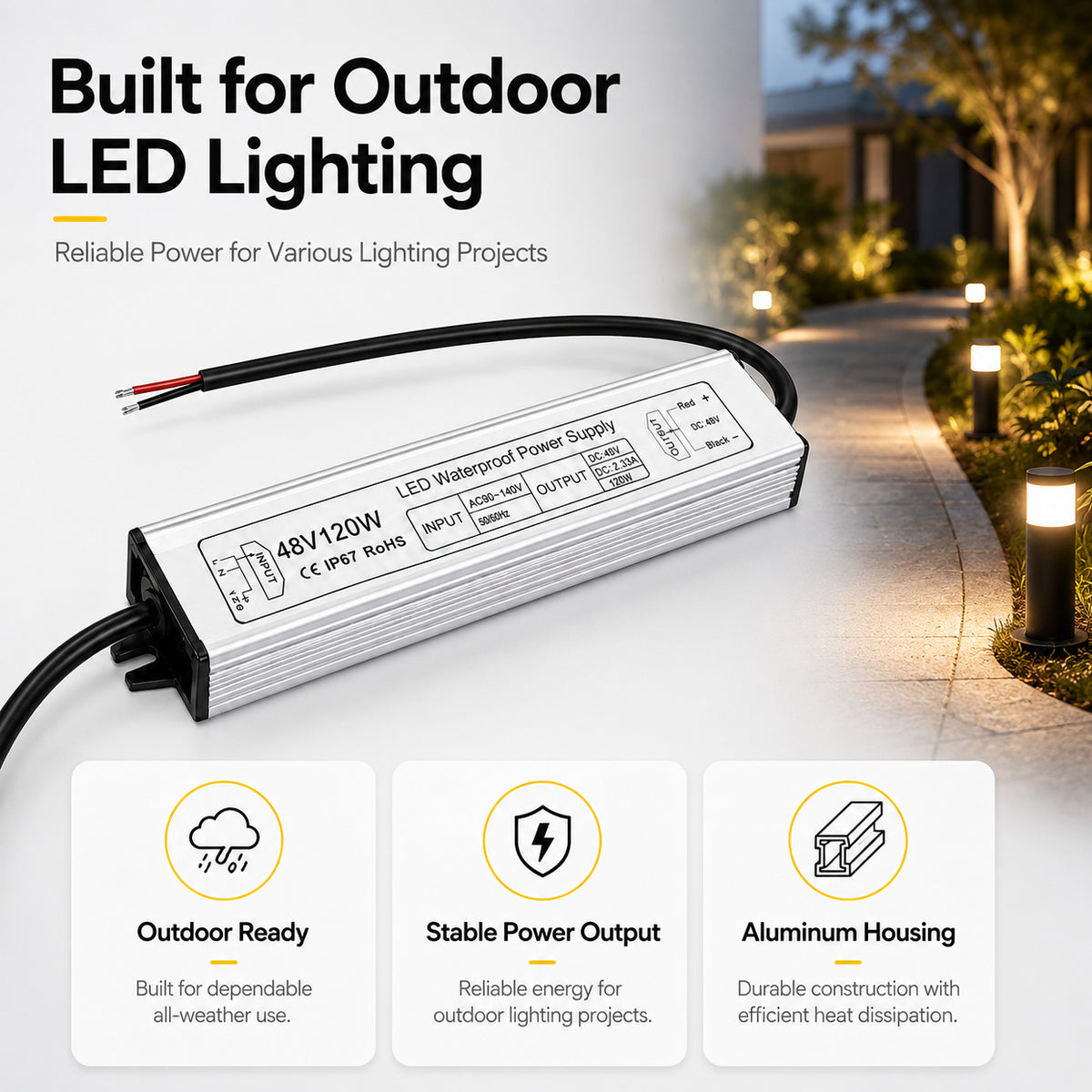 120W 36V/48V Waterproof LED Power Supply, 90-140V Input, Single Output, Aluminum Housing, Outdoor LED Lighting Driver, CE/RoHS/FCC Certified, US Plug