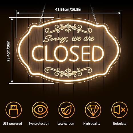 SORRY, WE ARE CLOSED LED Silicone LED shop signs – 16.5×9 Inch (42×23 cm) Horizontal Style | 5V USB Powered Warm White Dimmable Light for Storefront Window & Business Decor