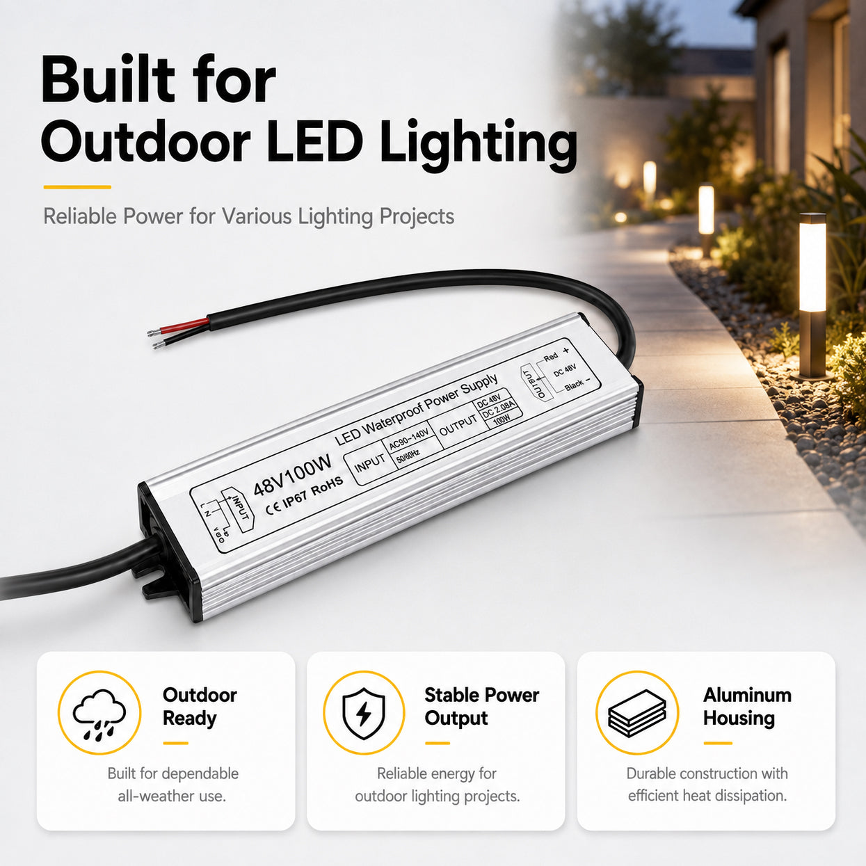 100W 36V/48V Waterproof LED Power Supply, 175-265V Input, Single Output, Aluminum Housing, Outdoor LED Lighting Driver, CE/RoHS/FCC Certified, US/UK/EU Plug