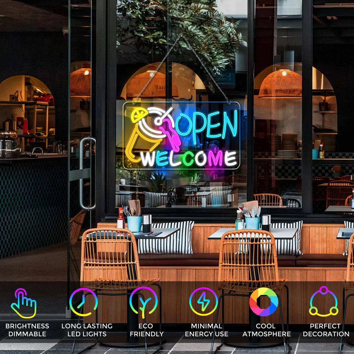 OPEN WELCOME Neon Sign – Multicolor Glow | USB Powered | 16×9 inch (41×23 cm) | LED Window Light with Cocktail Design for Bar, Café, Storefront