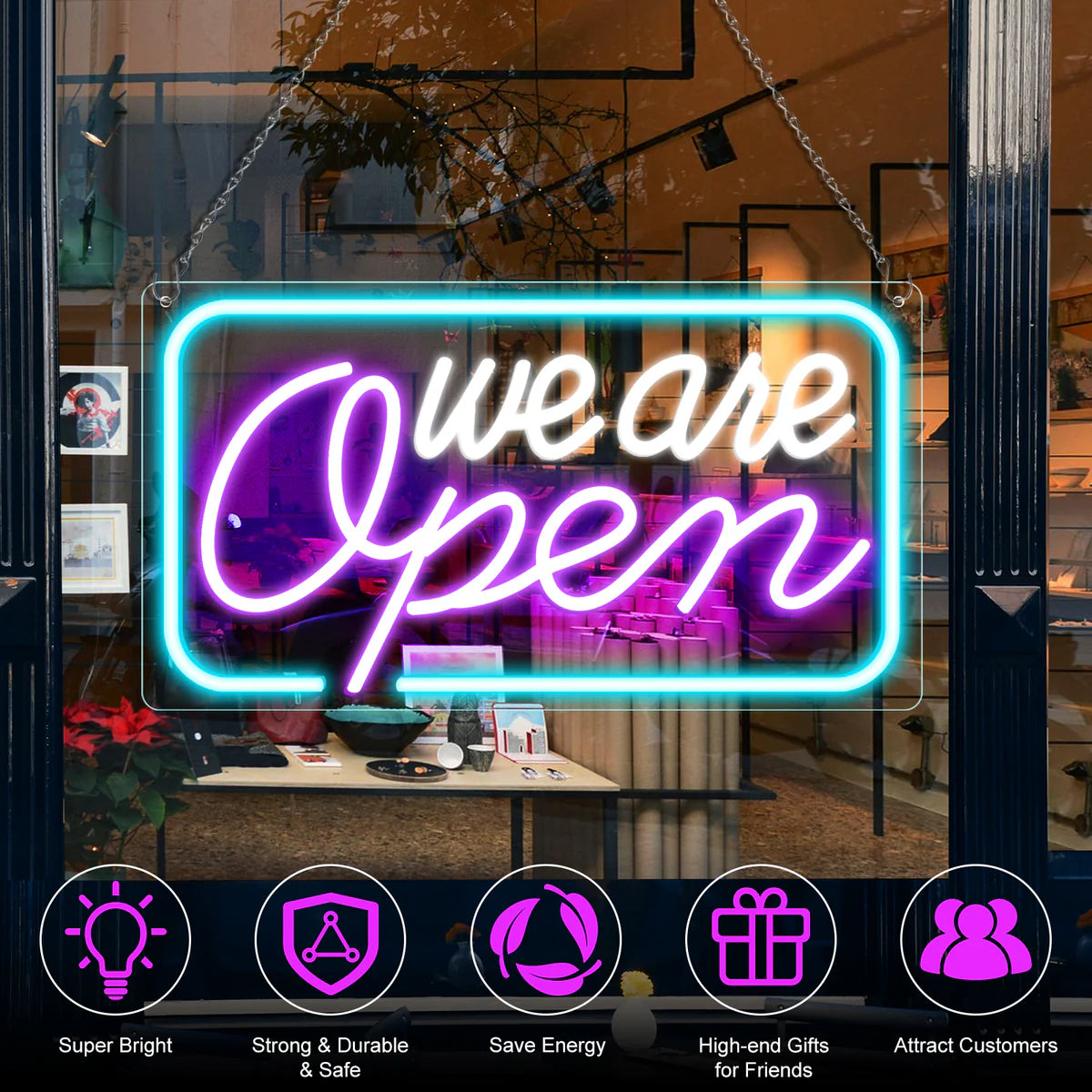 We Are Open Neon Sign – 5 Glow Color Options | 17×9 inch (42×23 cm) | Window Hanging | Plug & Play for Storefronts